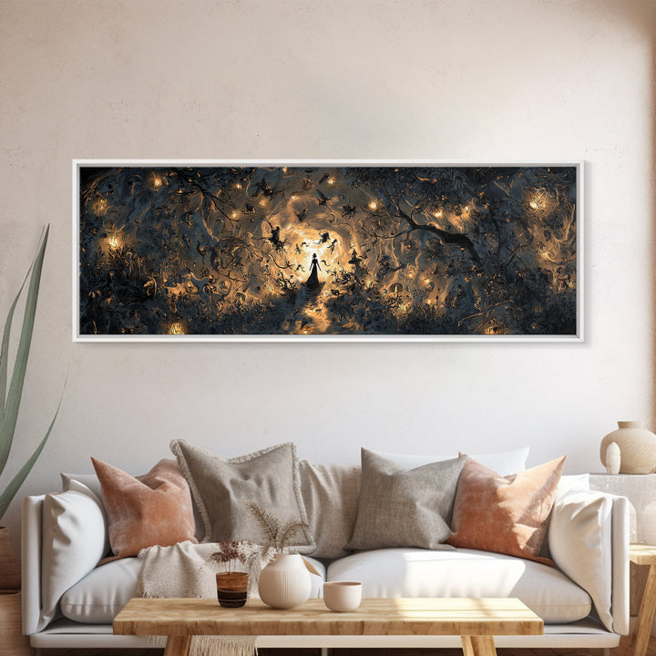 Enchanted Woodland Halloween, Dark Romantic Horror Art, Extra Wide Wall Art, Dark Halloween Decor, Canvas Print, Halloween Wall Art