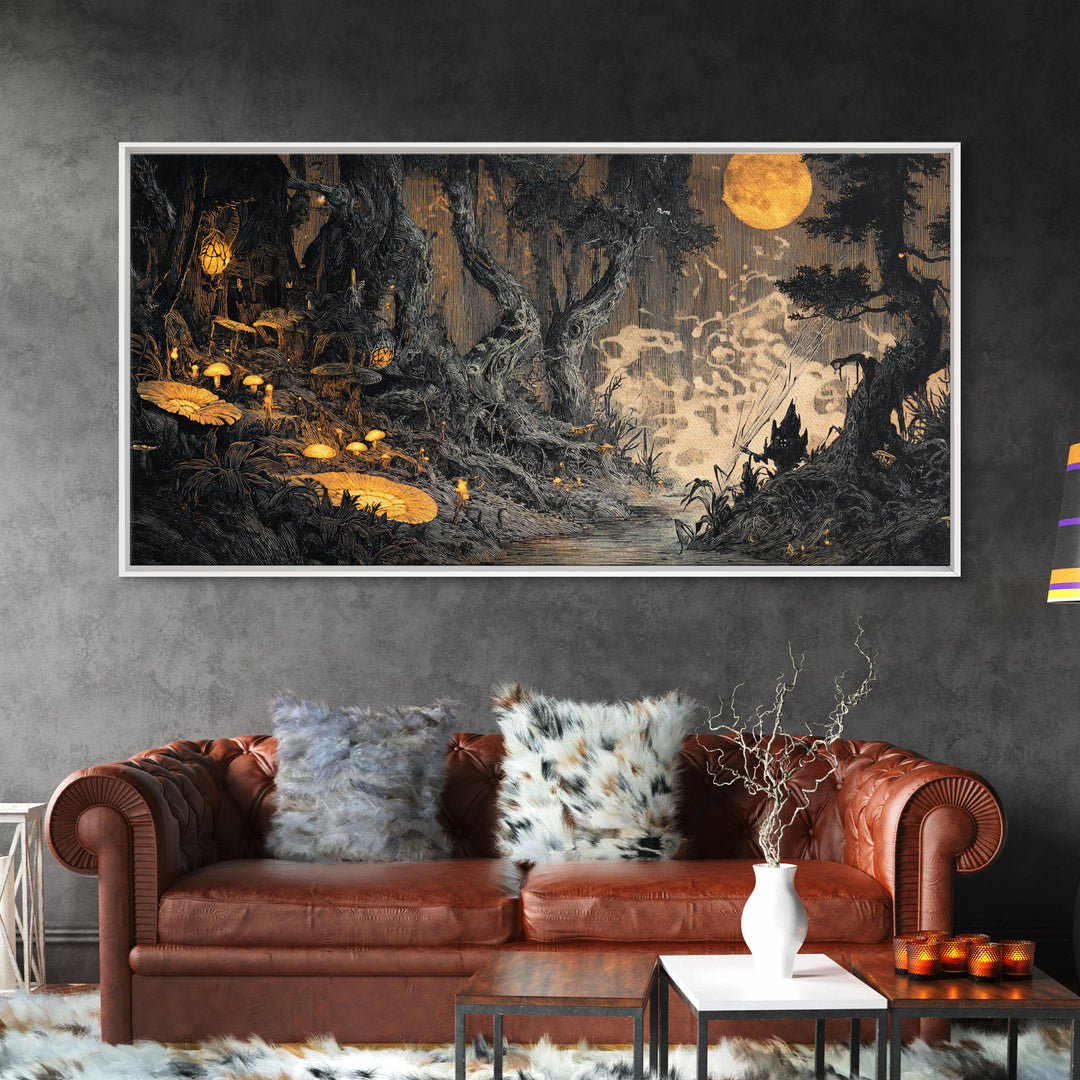 Enchanted Woodland Halloween, Expressionist Nightmare Art, Wide Panoramic Art, Dark Halloween Decor, Canvas Print, Halloween Wall Art