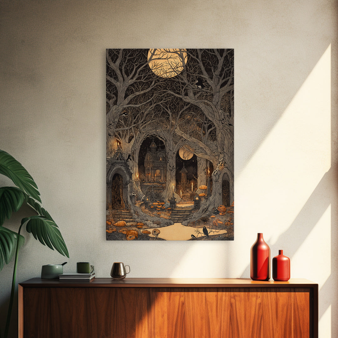 Enchanted Woodland Halloween, Victorian Macabre Art, Vertical Wall Art, Dark Fantasy Wall Art, Framed Canvas Print, Halloween Wall Art