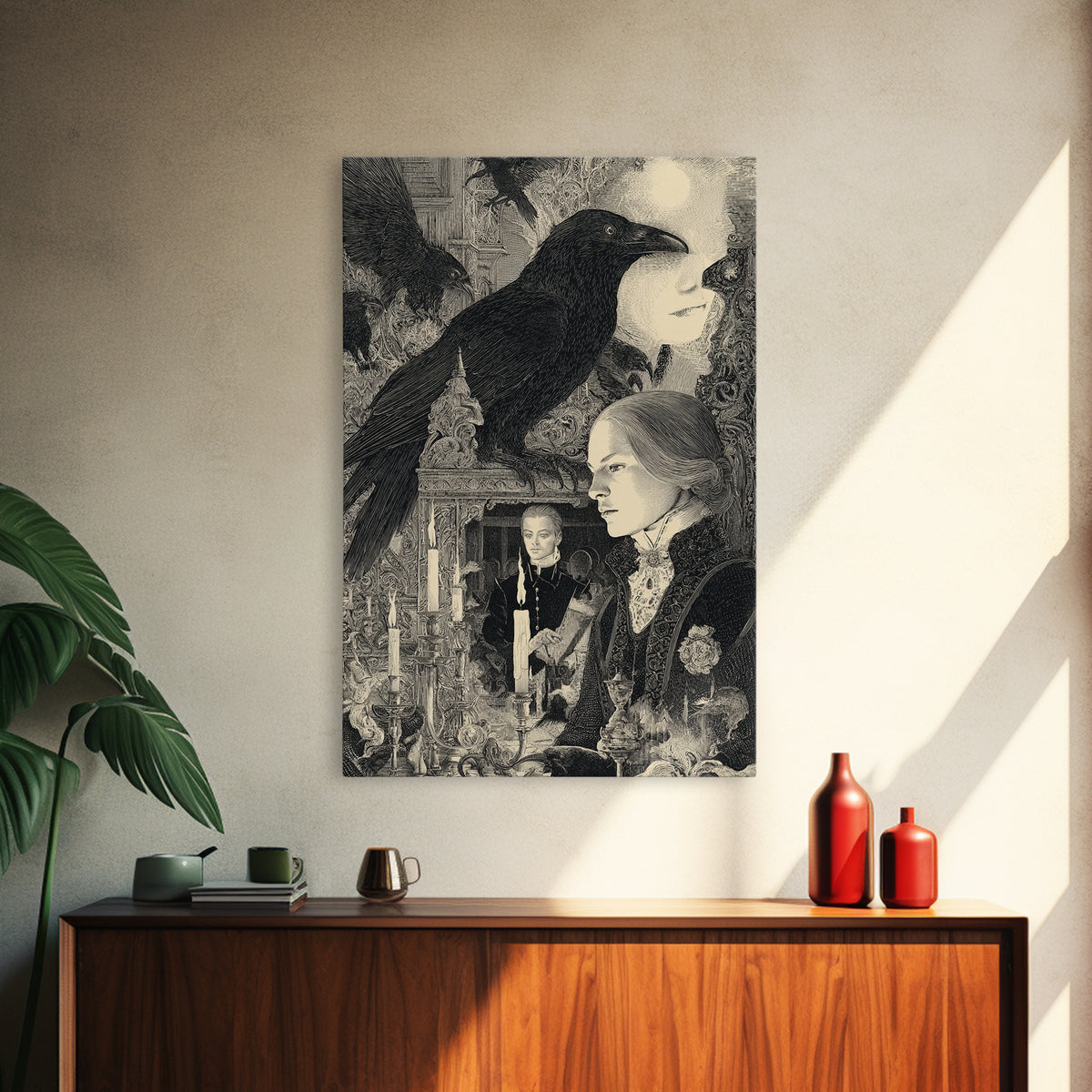Gothic Romance, Symbolist Etching Art, Vertical Wall Art, Macabre Wall Art, Canvas Print, Halloween Wall Art, Spooky Wall Decor