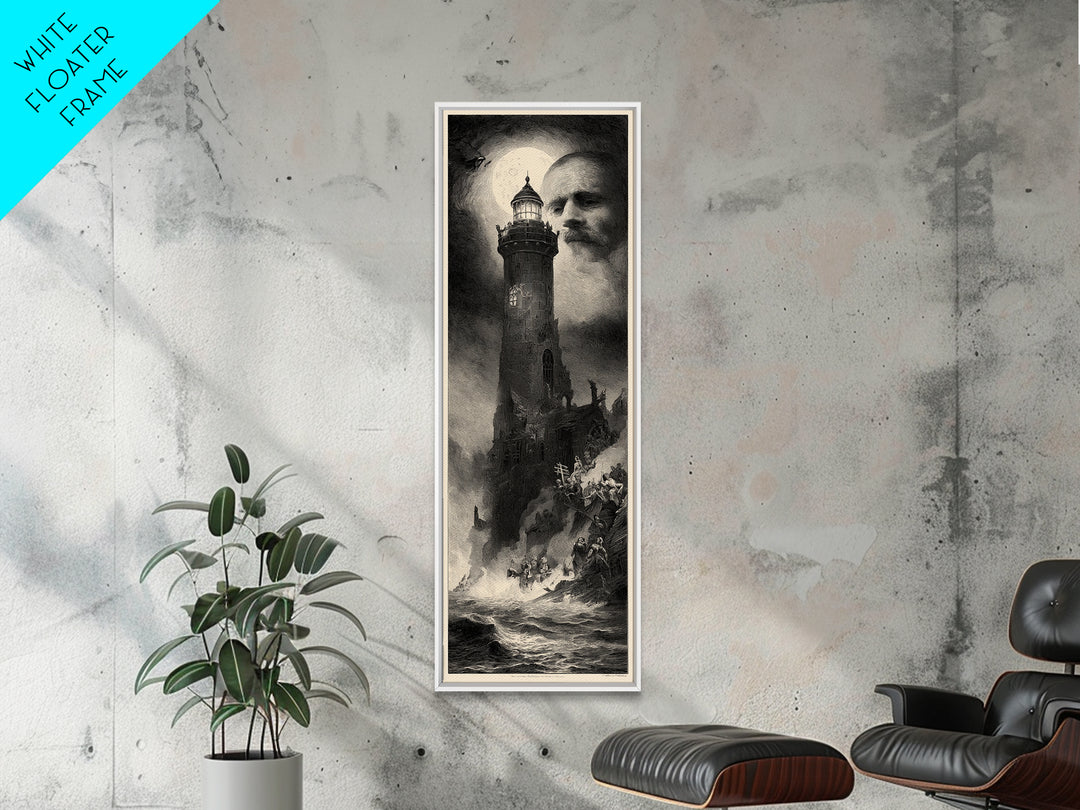 Haunted Seaside Halloween, Gothic Engraving Art, Tall Narrow Wall Art, Macabre Wall Art, Framed Canvas Print, Halloween Wall Art