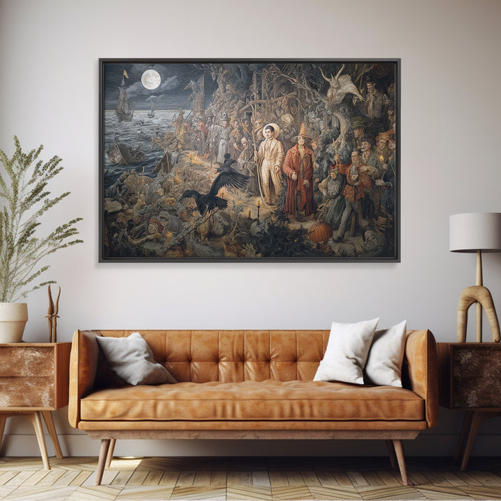 Haunted Seaside Halloween, Medieval Grotesque Art, Landscape Wall Art, Macabre Wall Art, Framed Canvas Print, Halloween Wall Art