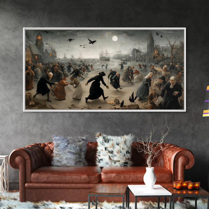 Haunted Seaside Halloween, Northern Renaissance Horror, Wide Panoramic Art, Gothic Horror Wall Art, Framed Canvas Print