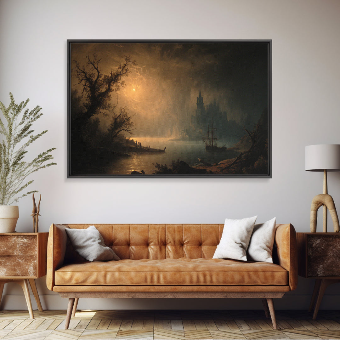 Haunted Seaside Halloween, Baroque Witchcraft Art, Landscape Wall Art, Gothic Horror Wall Art, Framed Canvas Print, Halloween Wall Art