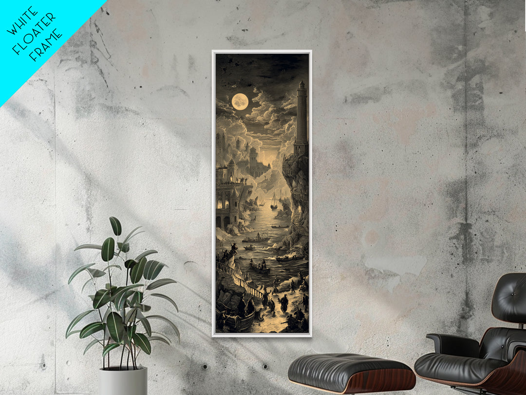 Haunted Seaside Halloween, Architectural Etching Art, Tall Narrow Wall Art, Gothic Horror Wall Art, Framed Canvas Print