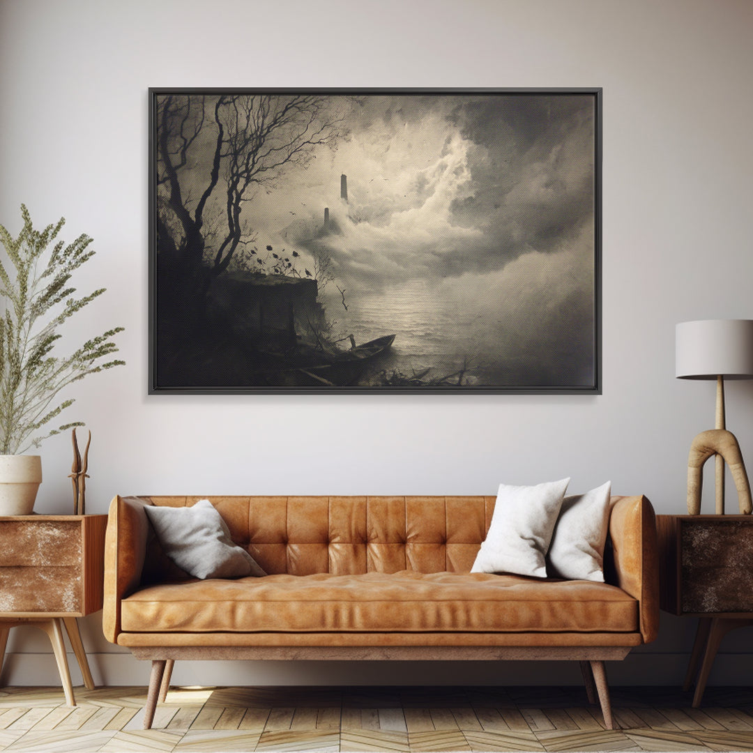 Haunted Seaside Halloween, Symbolist Dream Art, Landscape Wall Art, Dark Fantasy Wall Art, Framed Canvas Print, Halloween Wall Art