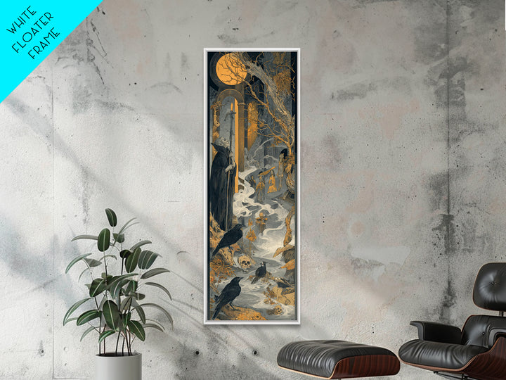 Haunted Seaside Halloween, Symbolist Etching Art, Tall Narrow Wall Art, Dark Halloween Decor, Framed Canvas Print, Halloween Wall Art