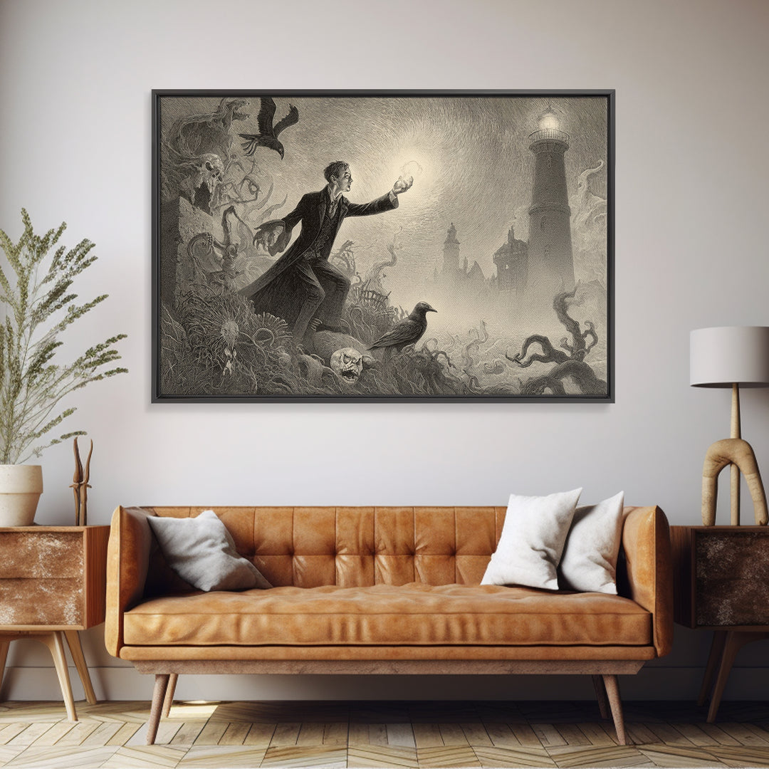 Haunted Seaside Halloween, Expressionist Nightmare Art, Landscape Wall Art, Dark Fantasy Wall Art, Framed Canvas Print, Halloween Wall Art