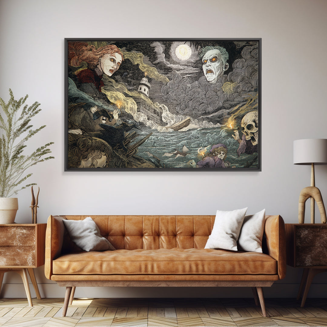 Haunted Seaside Halloween, Expressionist Gothic Art, Landscape Wall Art, Macabre Wall Art, Canvas Print, Halloween Wall Art