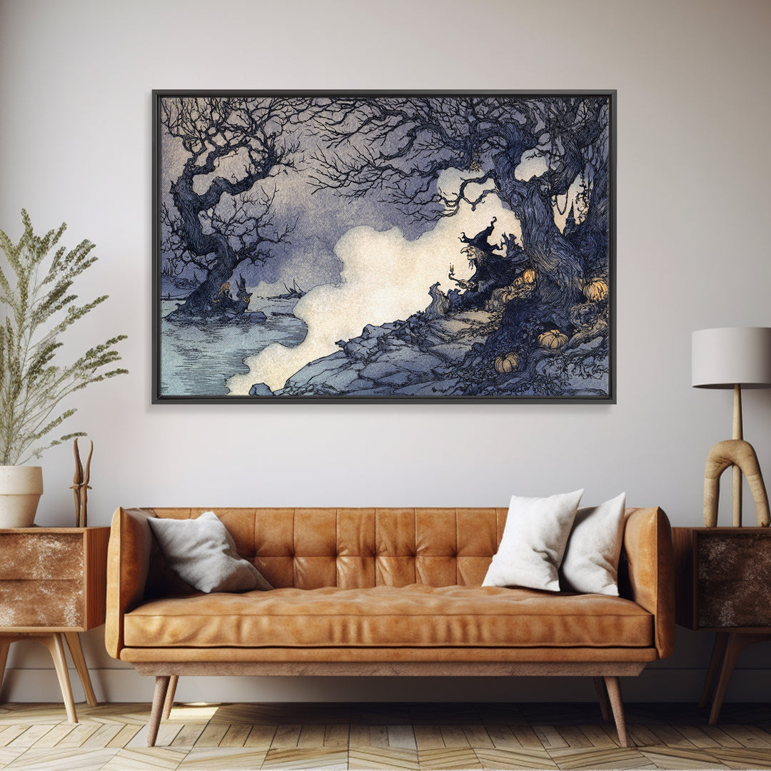 Haunted Seaside Halloween, Gothic Storybook Art, Landscape Wall Art, Gothic Horror Wall Art, Canvas Print, Halloween Wall Art
