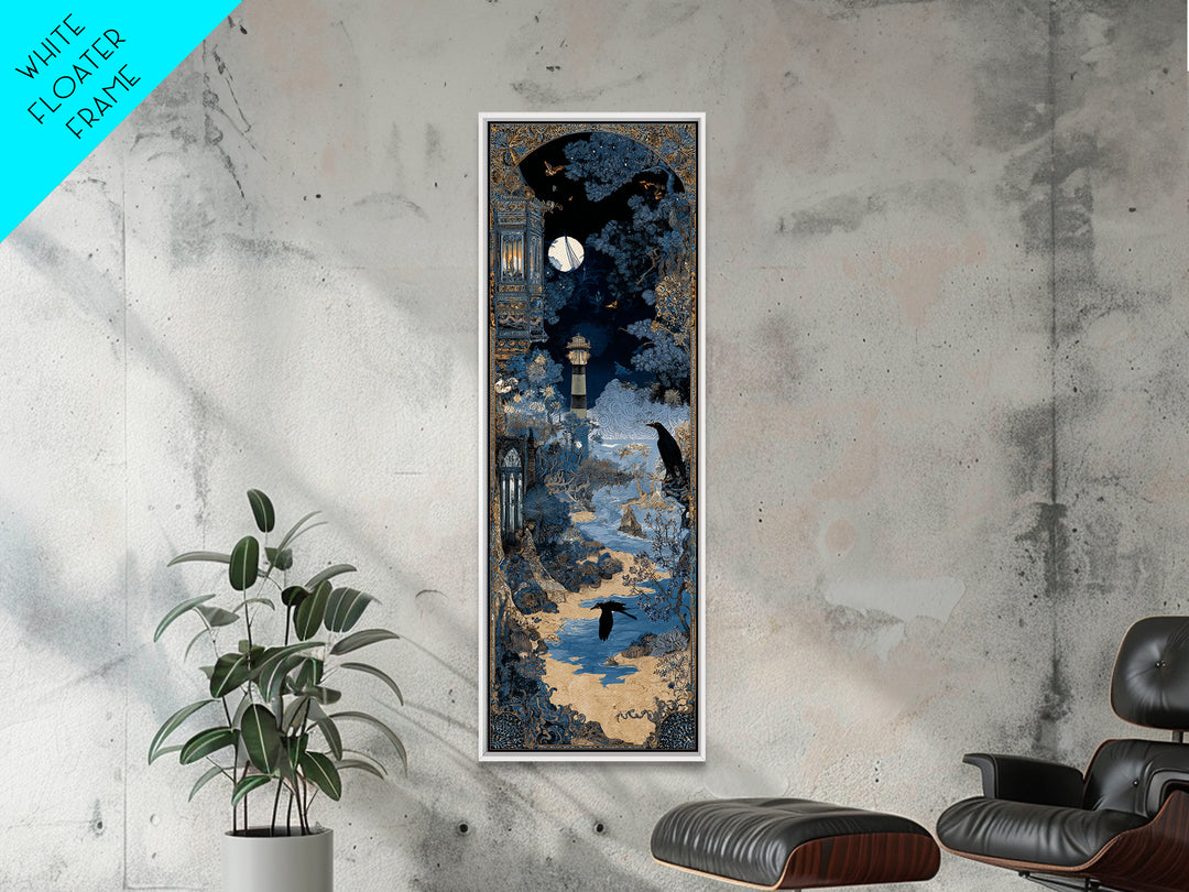 Haunted Seaside Halloween, Stained Glass Gothic Art, Tall Narrow Wall Art, Macabre Wall Art, Framed Canvas Print, Halloween Wall Art
