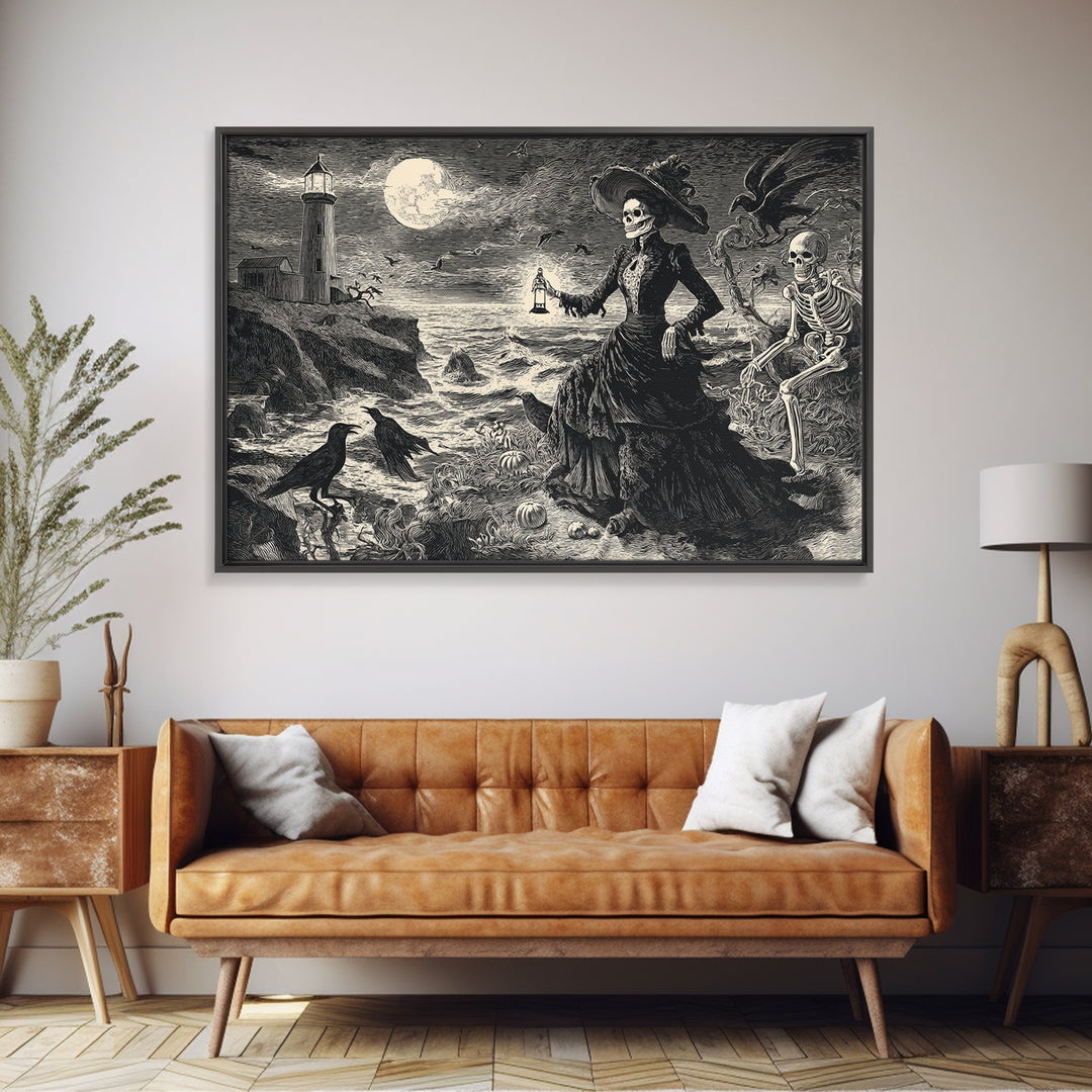 Haunted Seaside Halloween, Macabre Folk Print Art, Landscape Wall Art, Dark Halloween Decor, Framed Canvas Print