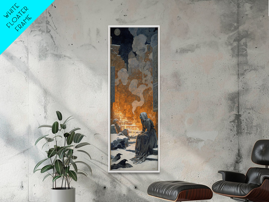 The Candlelit Crypt, Symbolist Death Art, Tall Narrow Wall Art, Macabre Wall Art, Framed Canvas Print, Halloween Wall Art