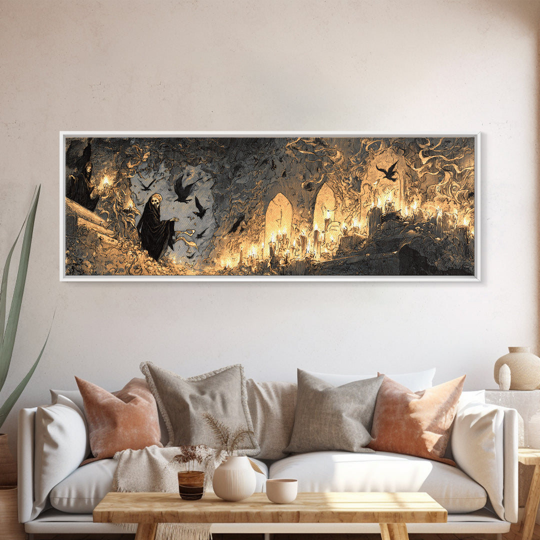 The Candlelit Crypt, Expressionist Nightmare Art, Extra Wide Wall Art, Macabre Wall Art, Framed Canvas Print, Halloween Wall Art