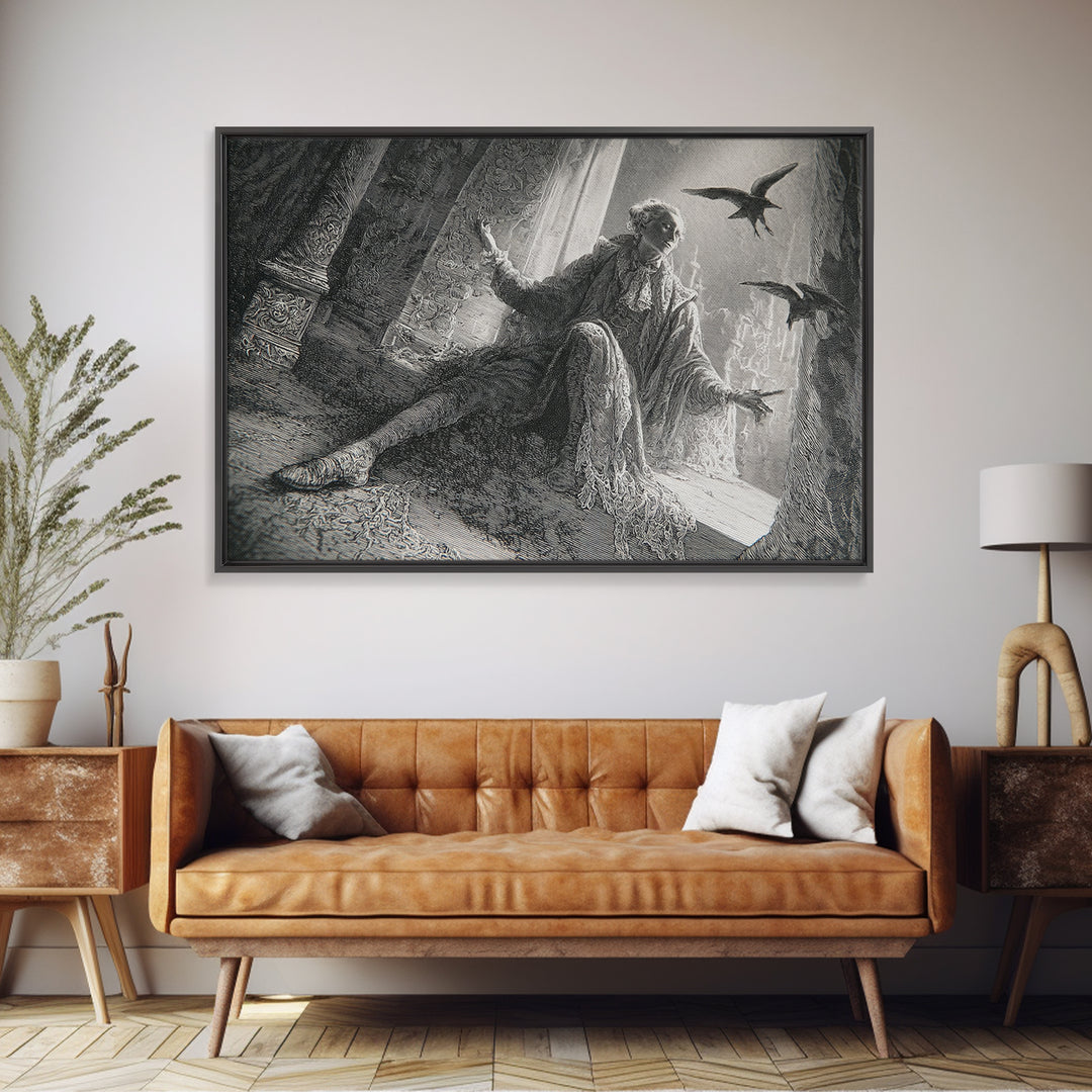 Black Lace And Cobwebs, Gothic Engraving Art, Landscape Wall Art, Dark Halloween Decor, Framed Canvas Print, Halloween Wall Art