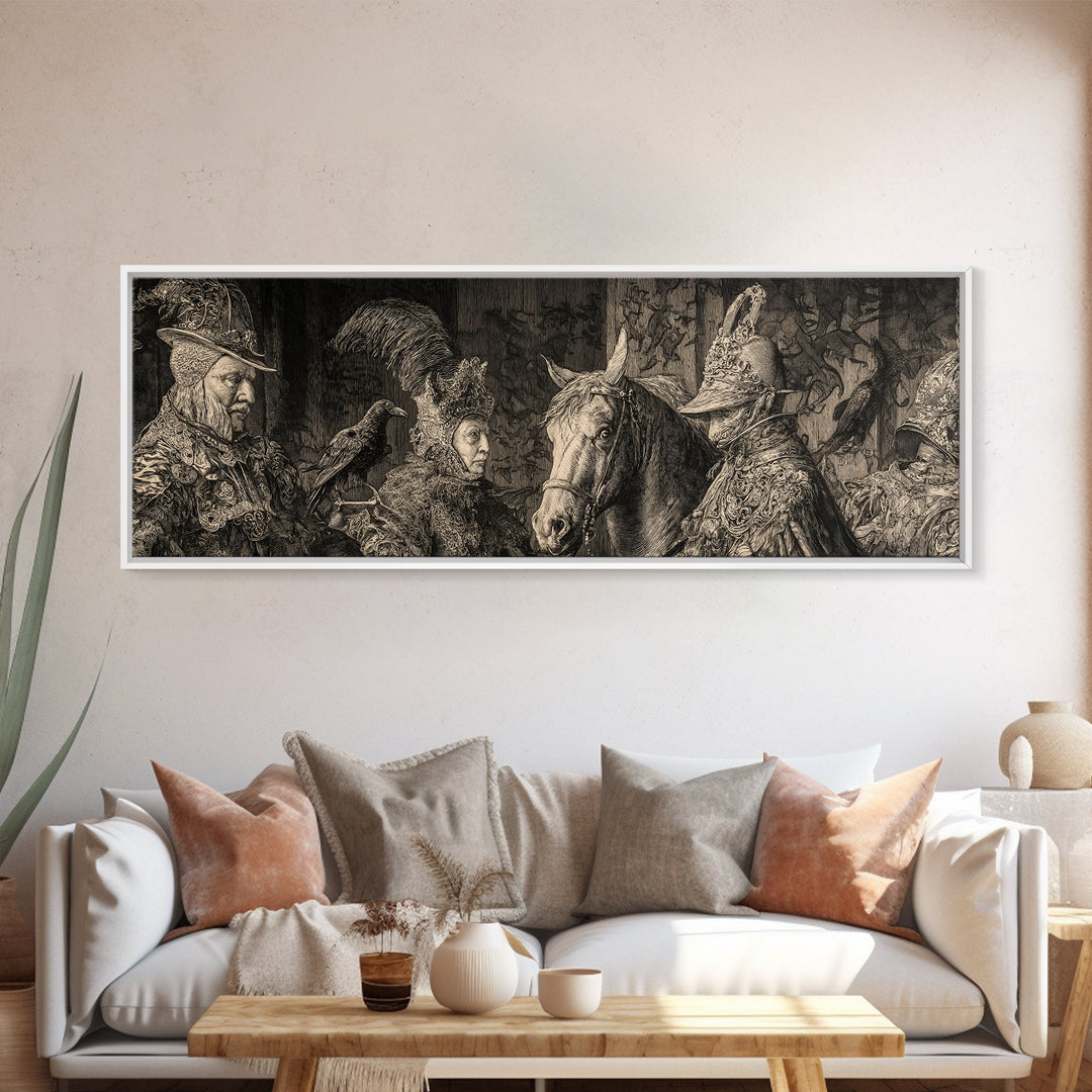 Black Lace And Cobwebs, Renaissance Engraving Art, Extra Wide Wall Art, Gothic Horror Wall Art, Framed Canvas Print, Halloween Wall Art