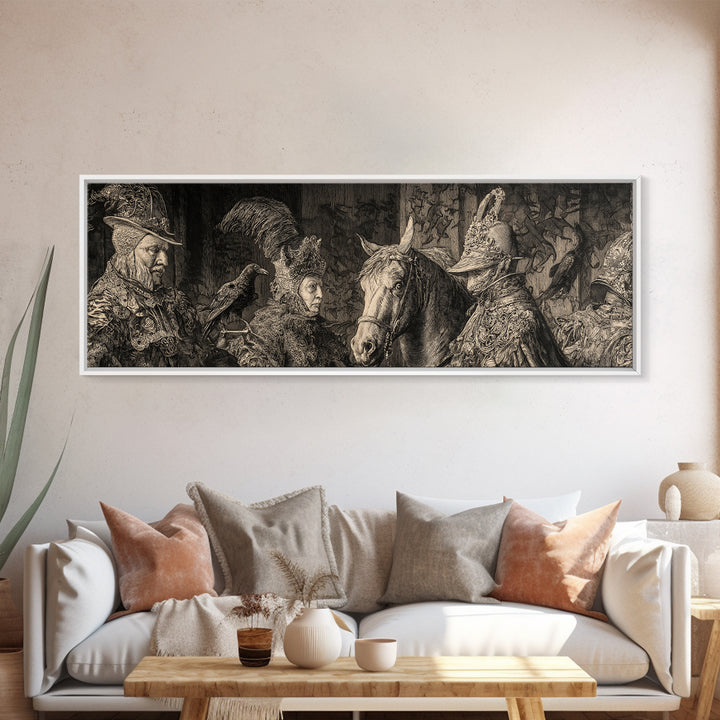 Black Lace And Cobwebs, Renaissance Engraving Art, Extra Wide Wall Art, Gothic Horror Wall Art, Framed Canvas Print, Halloween Wall Art