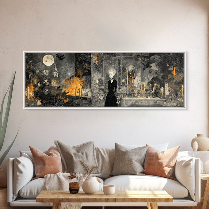 Black Lace And Cobwebs, Visionary Gothic Art, Extra Wide Wall Art, Macabre Wall Art, Framed Canvas Print, Halloween Wall Art