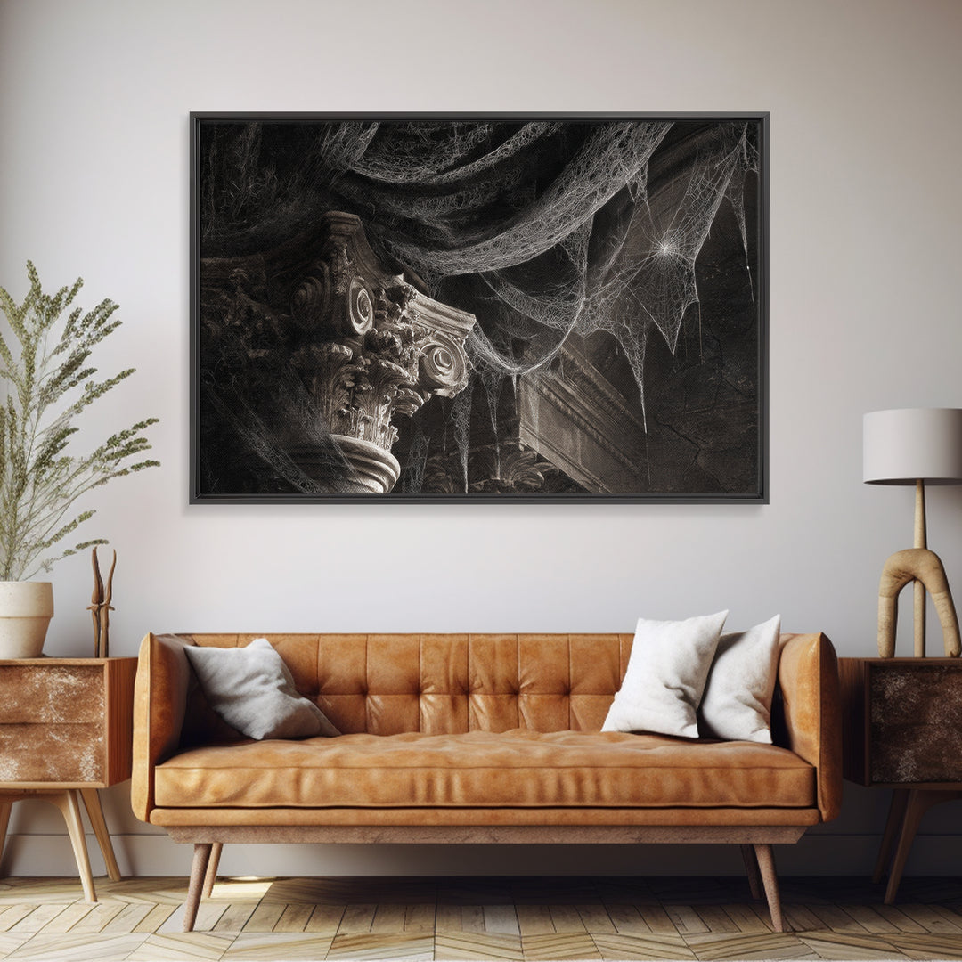 Black Lace And Cobwebs, Architectural Etching Art, Landscape Wall Art, Dark Fantasy Wall Art, Framed Canvas Print