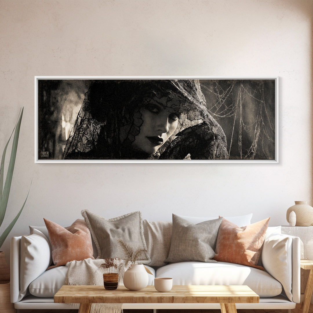 Black Lace And Cobwebs, Decadent Gothic Art, Extra Wide Wall Art, Dark Halloween Decor, Canvas Print, Halloween Wall Art