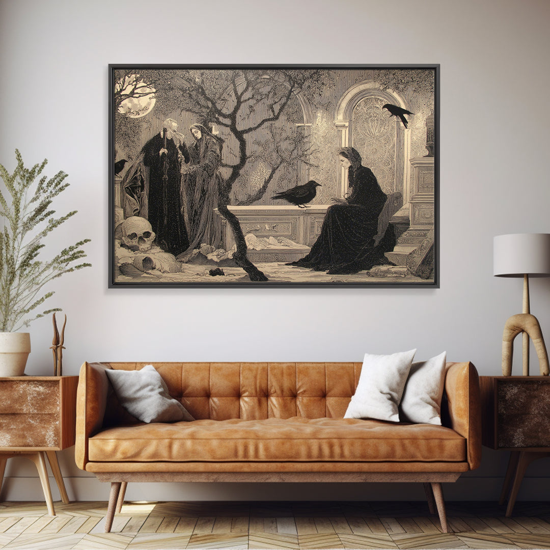 Black Lace And Cobwebs, Symbolist Death Art, Landscape Wall Art, Dark Halloween Decor, Framed Canvas Print, Halloween Wall Art
