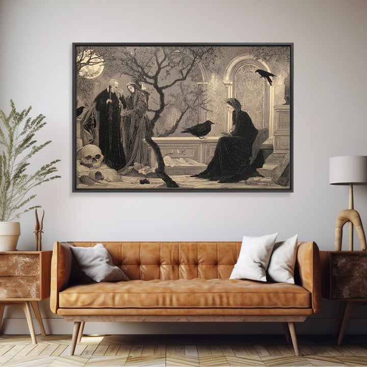 Black Lace And Cobwebs, Symbolist Death Art, Landscape Wall Art, Dark Halloween Decor, Framed Canvas Print, Halloween Wall Art