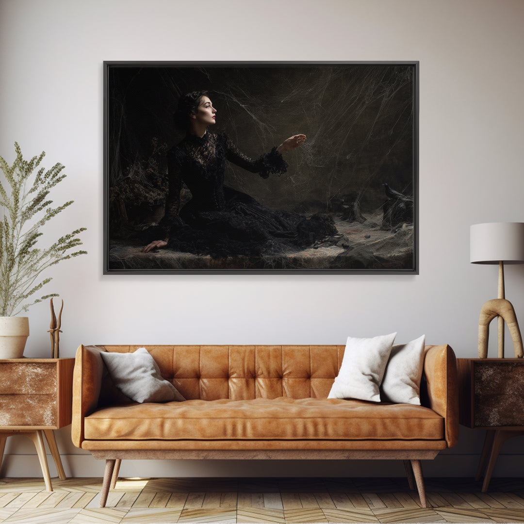 Black Lace And Cobwebs, Dark Symbolist Art, Landscape Wall Art, Gothic Horror Wall Art, Canvas Print, Halloween Wall Art