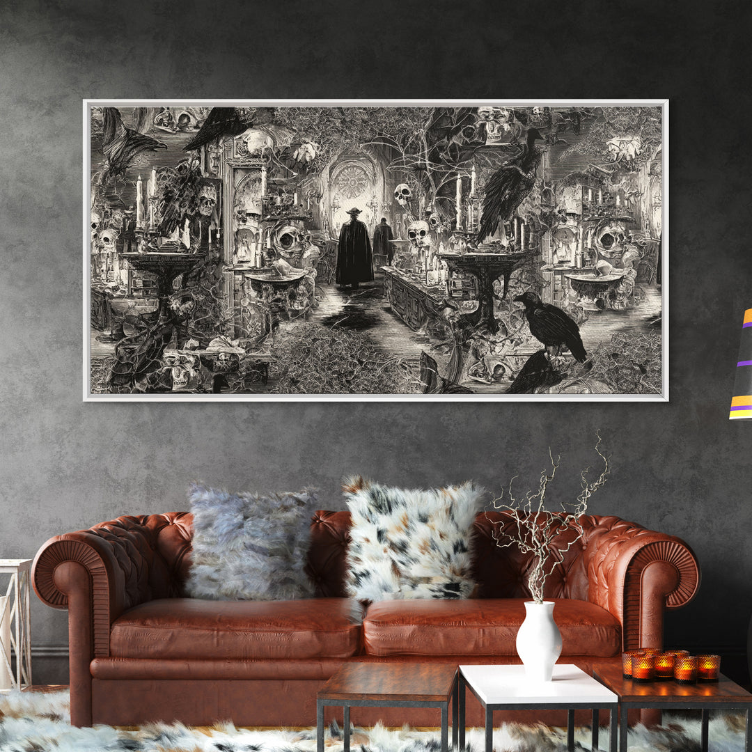 Black Lace And Cobwebs, Grotesque Carnival Art, Wide Panoramic Art, Dark Fantasy Wall Art, Framed Canvas Print, Halloween Wall Art