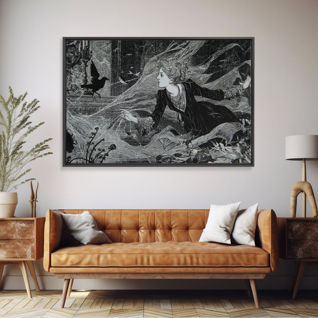 Black Lace And Cobwebs, Stained Glass Gothic Art, Landscape Wall Art, Macabre Wall Art, Framed Canvas Print, Halloween Wall Art
