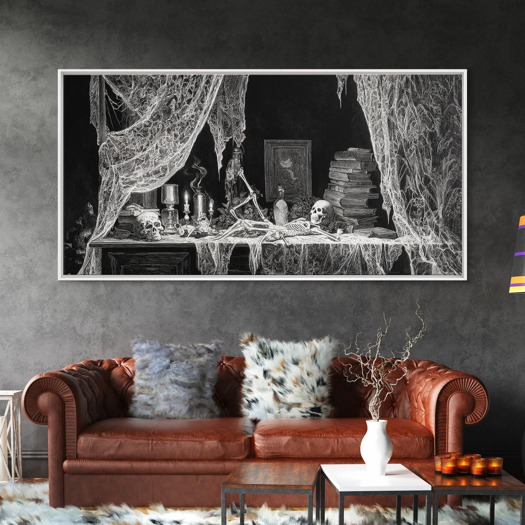 Black Lace And Cobwebs, Macabre Folk Print Art, Wide Panoramic Art, Gothic Horror Wall Art, Canvas Print, Halloween Wall Art