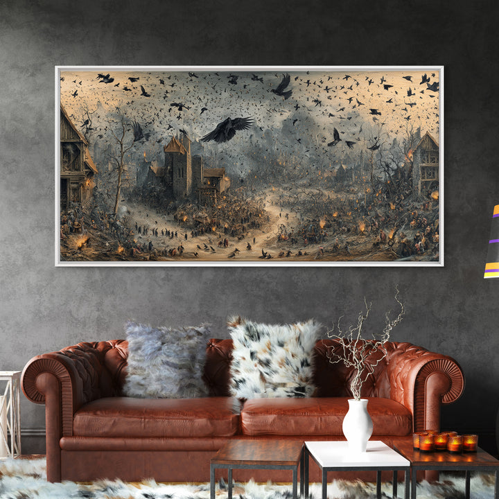Ravens And Ruins, Northern Renaissance Horror, Wide Panoramic Art, Dark Halloween Decor, Framed Canvas Print, Halloween Wall Art