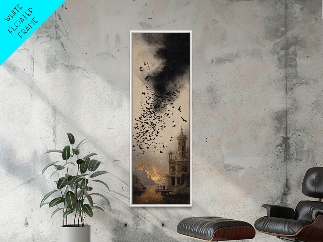Ravens And Ruins, Apocalyptic Romantic Art, Tall Narrow Wall Art, Gothic Horror Wall Art, Framed Canvas Print, Halloween Wall Art