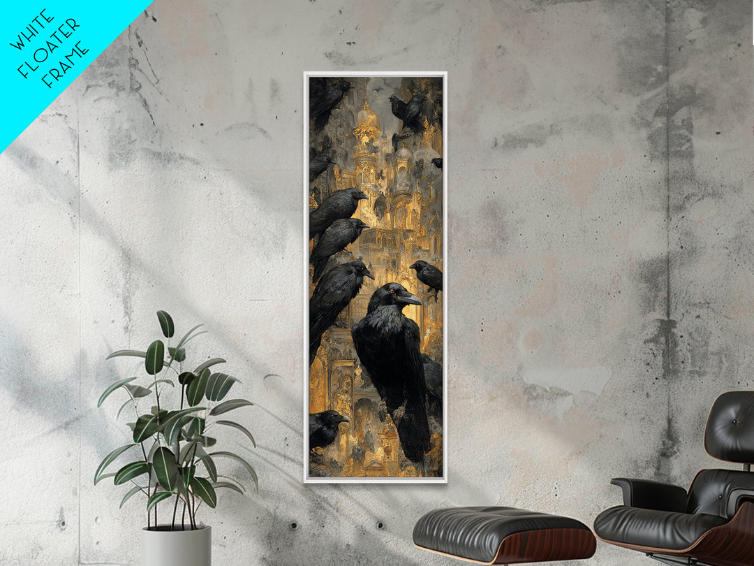 Ravens And Ruins, Ornate Symbolist Art, Tall Narrow Wall Art, Dark Fantasy Wall Art, Framed Canvas Print, Halloween Wall Art