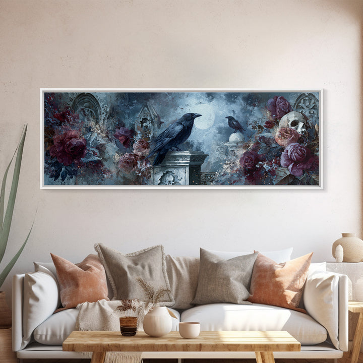 Silent Graveyard with Blue Moon Haze Framed Canvas Print, Dark Art, Print, Living Room Decor, Nocturne, Moody Wall Art, DAR-3x1-10