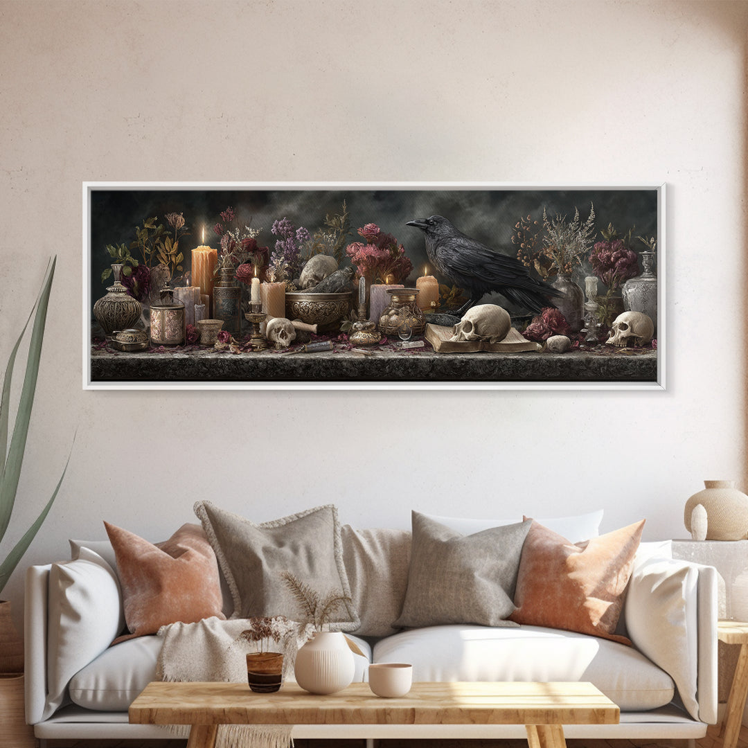Witchy Still Life of Herbs Candles and Canvas Print, Dark Art, Fantasy Art, Living Room Decor, Fine Art, Nocturne, DAR-3x1-24
