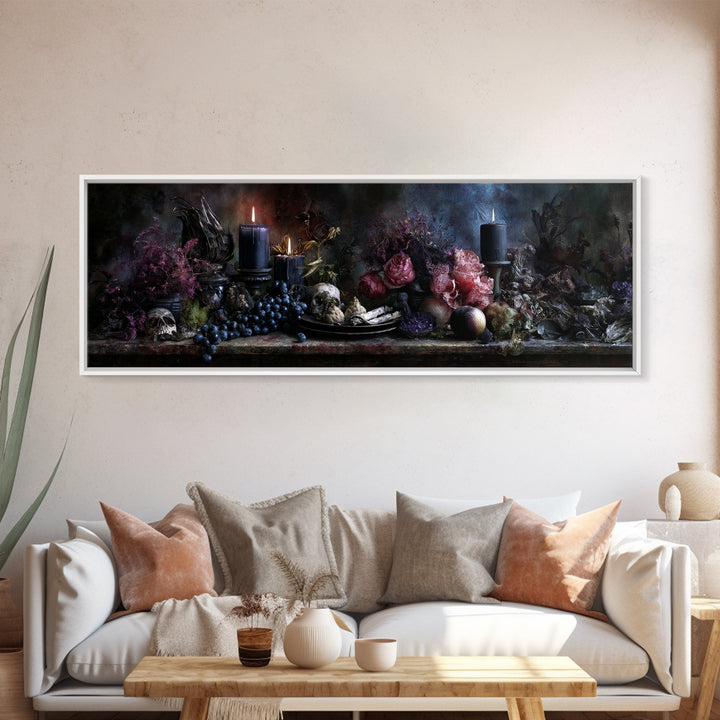 Witchy Still Life of Herbs Candles and Canvas Print, Dark Art, Textured Painting, Living Room Decor, Fine Art, Nocturne, DAR-3x1-48