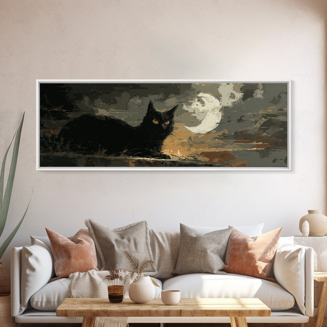 Black Cat with Glowing Eyes under Crescent Canvas Print, Dark Art, Halloween Decoration, Living Room Decor, Abstract Art, DAR-3x1-49