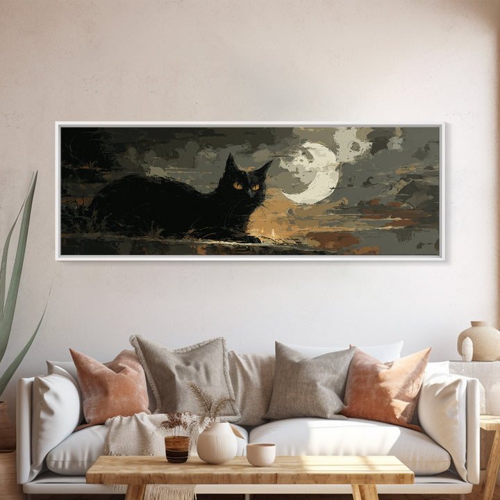 Black Cat with Glowing Eyes under Crescent Canvas Print, Dark Art, Halloween Decoration, Living Room Decor, Abstract Art, DAR-3x1-49