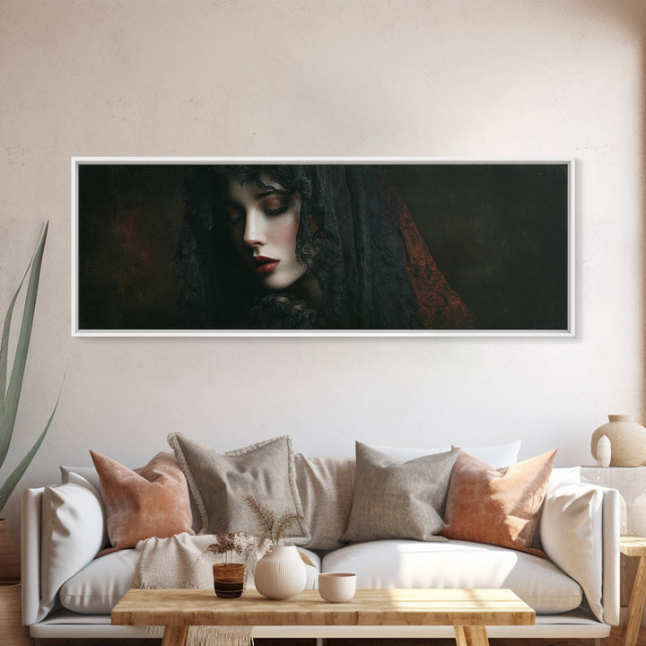 Vampire Inspired Portrait with Pale Dramatic Light Framed Canvas Print, Dark Art, Goth Decor, Living Room Decor, Nocturne, DAR-3x1-5