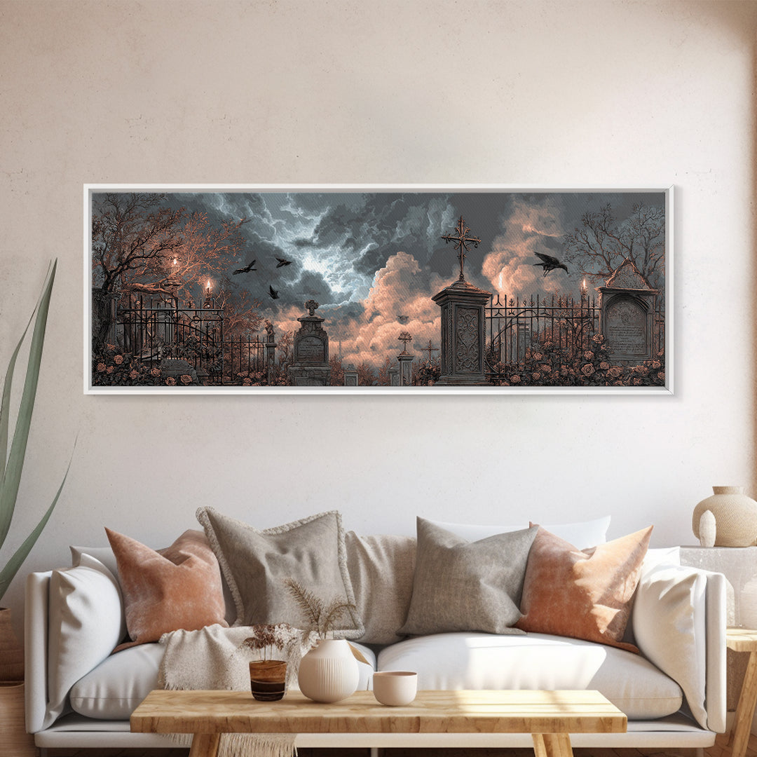 Silent Graveyard with Blue Moon Haze Framed Canvas Print, Dark Art, Gothic Wall Art, Living Room Decor, Fine Art, Nocturne, DAR-3x1-58