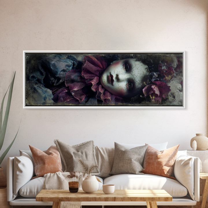 Cracked Porcelain Doll Portrait Framed Canvas Print, Dark Art, Contemporary Art, Living Room Decor, Fine Art, Nocturne, DAR-3x1-63