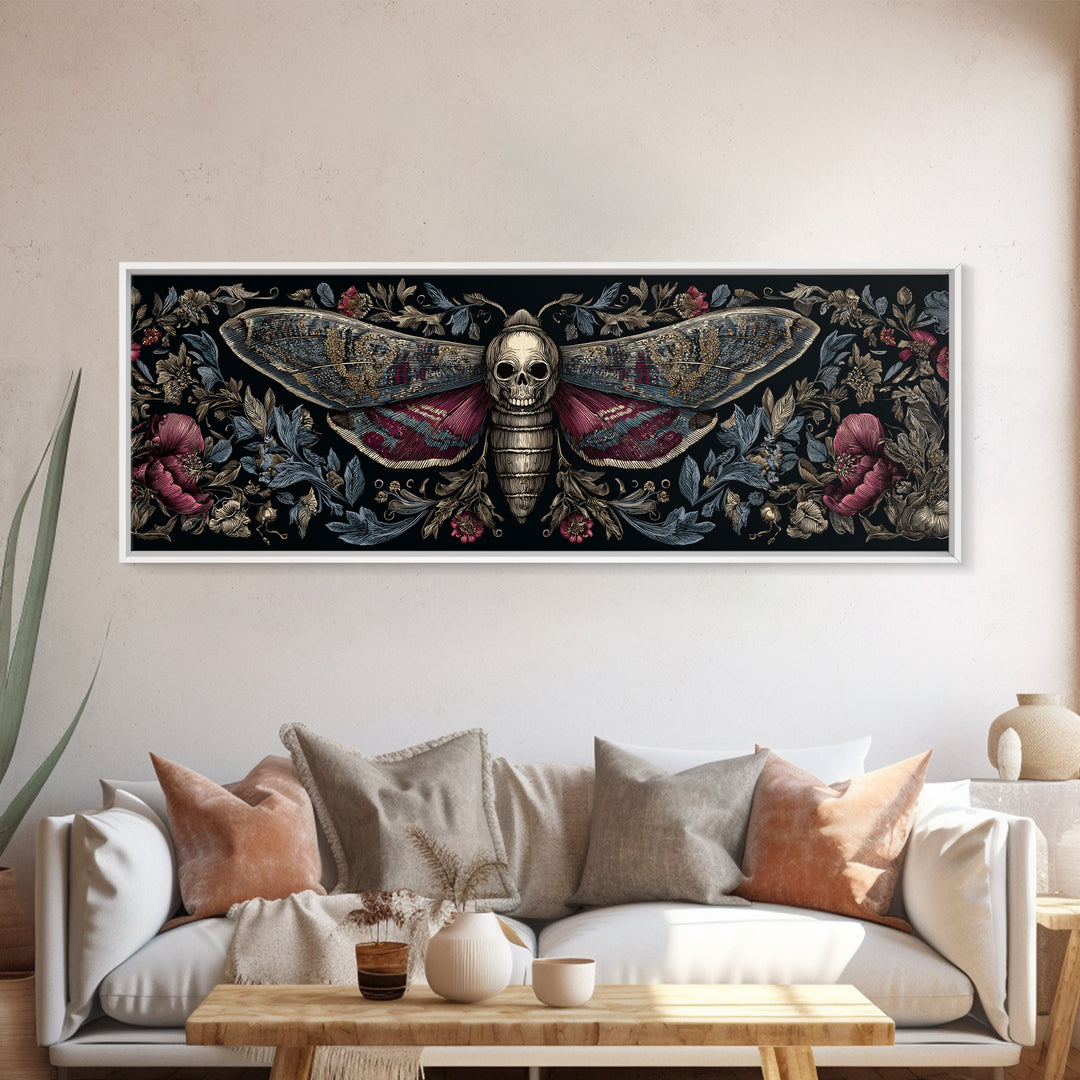 Moth with Skull Pattern on Black Ground Framed Canvas Print, Dark Art, Statement Artwork, Living Room Decor, Fine Art, Nocturne, DAR-3x1-7