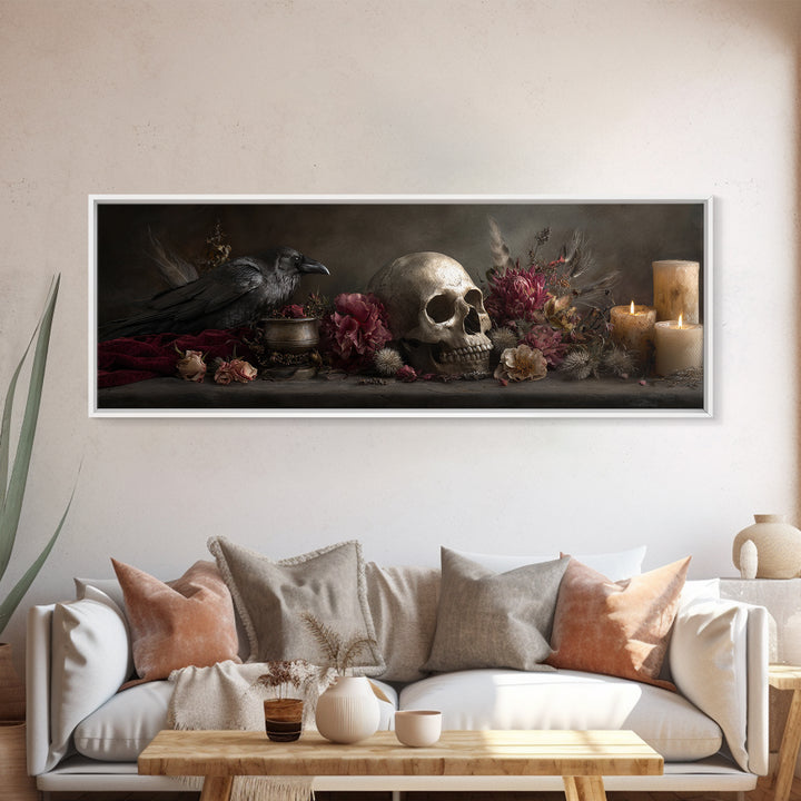 Baroque Skull and Red Velvet Vanitas Framed Canvas Print, Dark Art, Gothic Art, Living Room Decor, Oil Painting, Nocturne, DAR-3x1-74