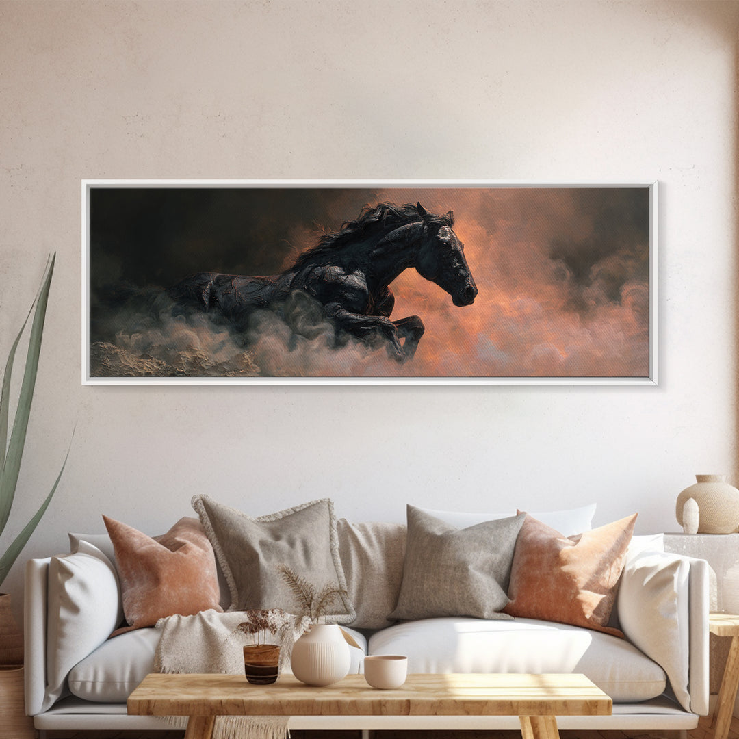 Black Horse Emerging from Smoke Canvas Print, Dark Art, Dark Academia, Living Room Decor, Fine Art, Nocturne, Horror Decor, DAR-3x1-83