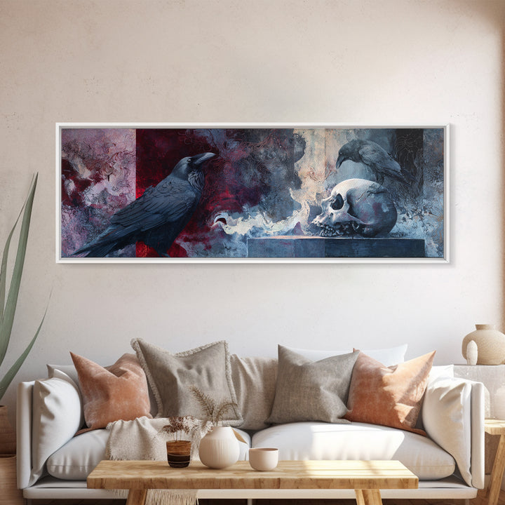 Raven Perched on a Skull Framed Canvas Print, Dark Art, Boho Decor, Living Room Decor, Oil Painting, Nocturne, Art Print, DAR-3x1-89