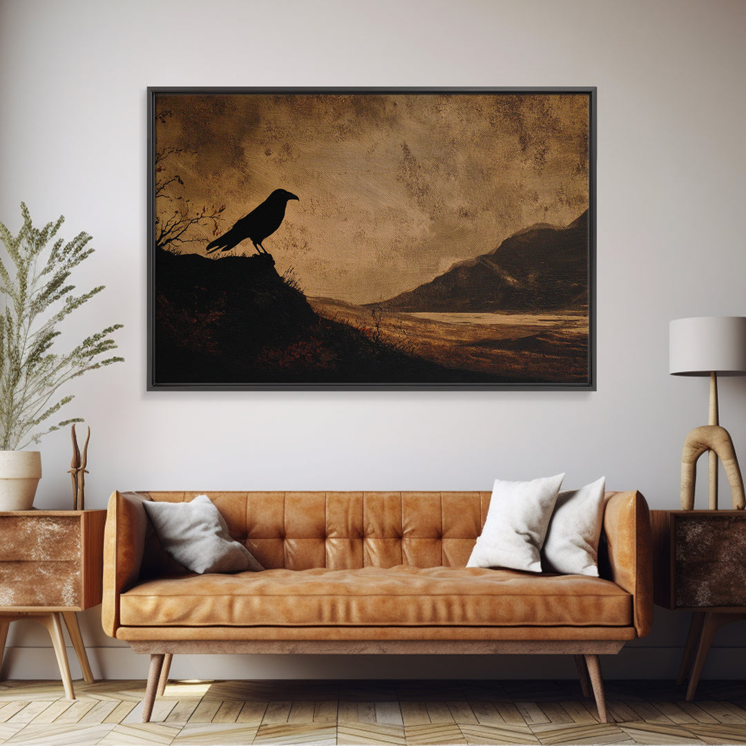 Haunted Mansion Silhouette on Distant Hill Framed Canvas Print, Dark Art, Gothic Wall Art, Living Room Decor, Nocturne, DAR-3x2-10