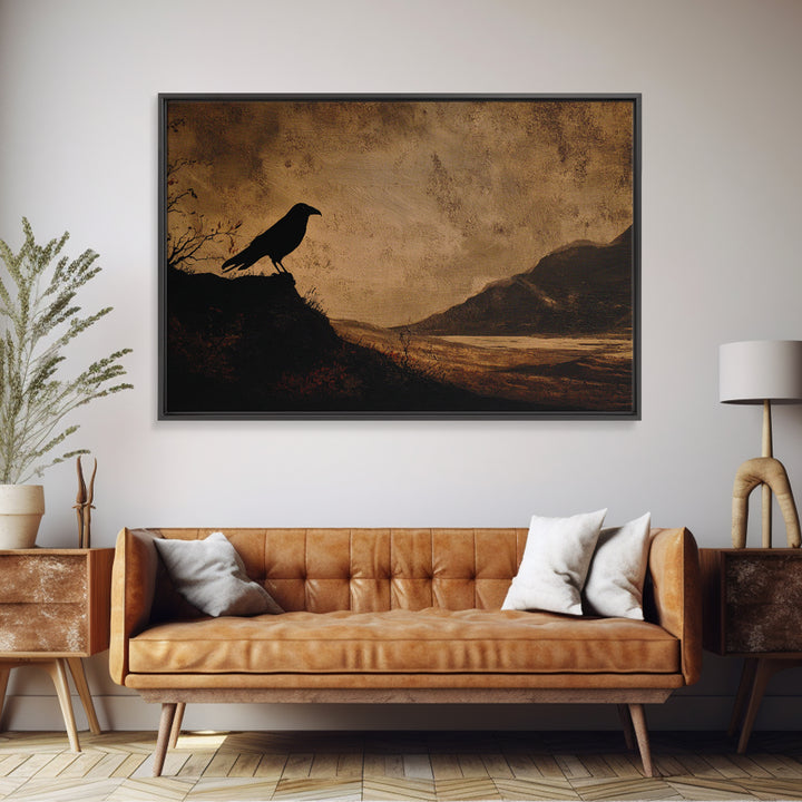 Haunted Mansion Silhouette on Distant Hill Framed Canvas Print, Dark Art, Gothic Wall Art, Living Room Decor, Nocturne, DAR-3x2-10