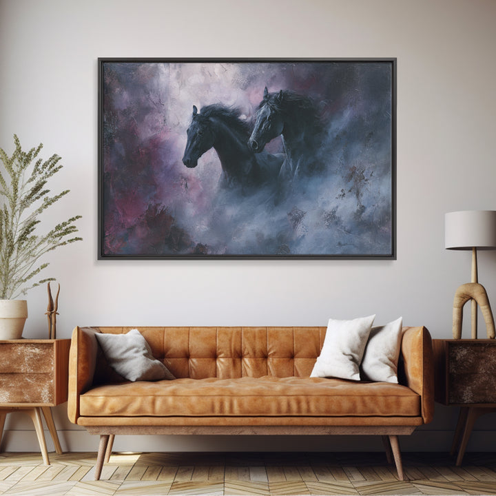 Black Horse Emerging from Smoke Framed Canvas Print, Dark Art, Weird Art, Living Room Decor, Fine Art, Nocturne, DAR-3x2-23