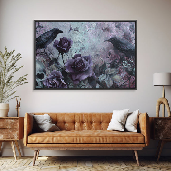 Black Roses Blooming from Cracked Stone Canvas Print, Dark Art, Horror Decor, Living Room Decor, Nocturne, Statement Artwork, DAR-3x2-30