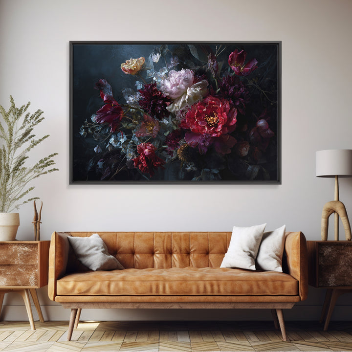 Dark Floral Bouquet Framed Canvas Print, Dark Art, Gallery Decor, Living Room Decor, Fine Art, Nocturne, Wall Art, Home Decor, DAR-3x2-45